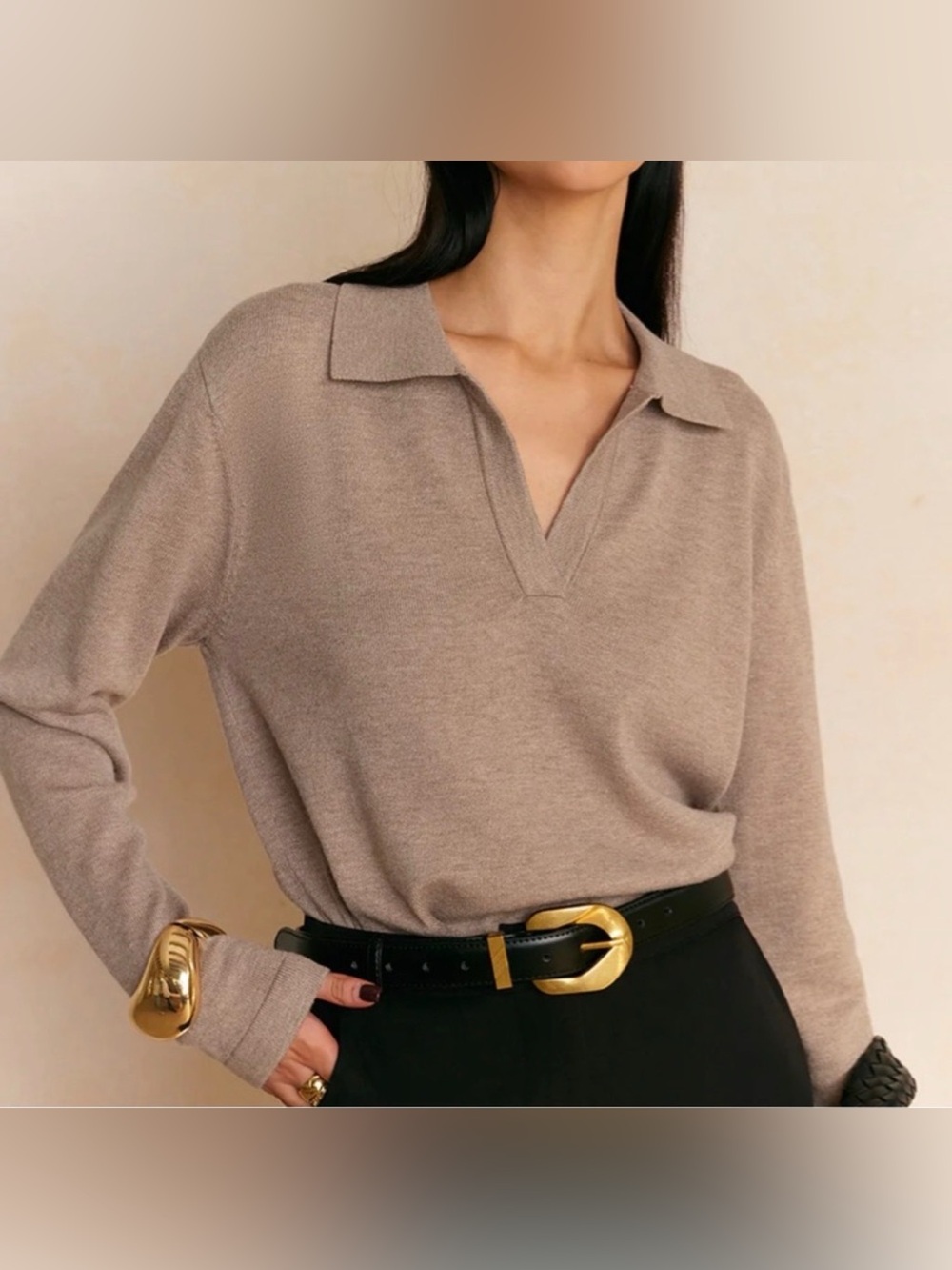 Anthropologie Taupe V-Neck Collared Sweater
